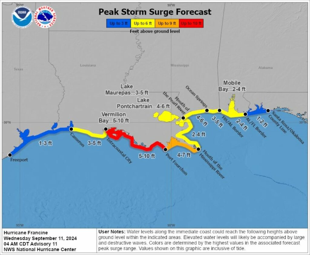 areas de mayor impacto de francine en Luisiana