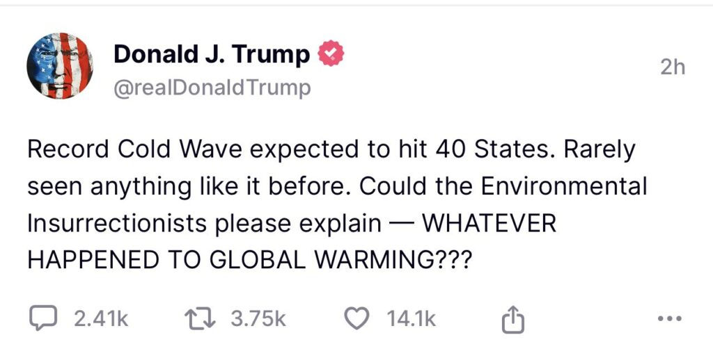 Mensaje de Trump sobre el calentamiento global frente a la tormenta invernal