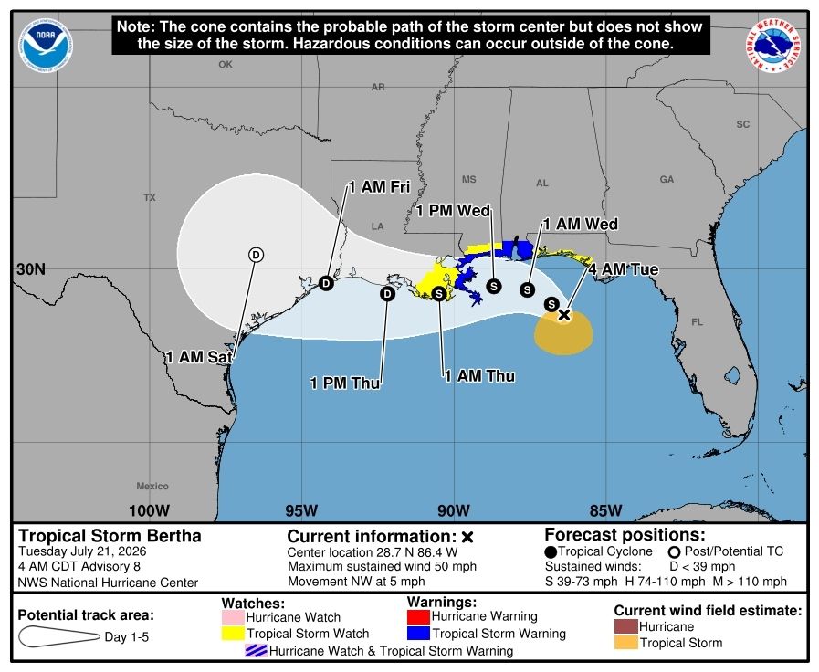 Bertha amenaza Florida y el norte del golfo de México con marejada e inundaciones