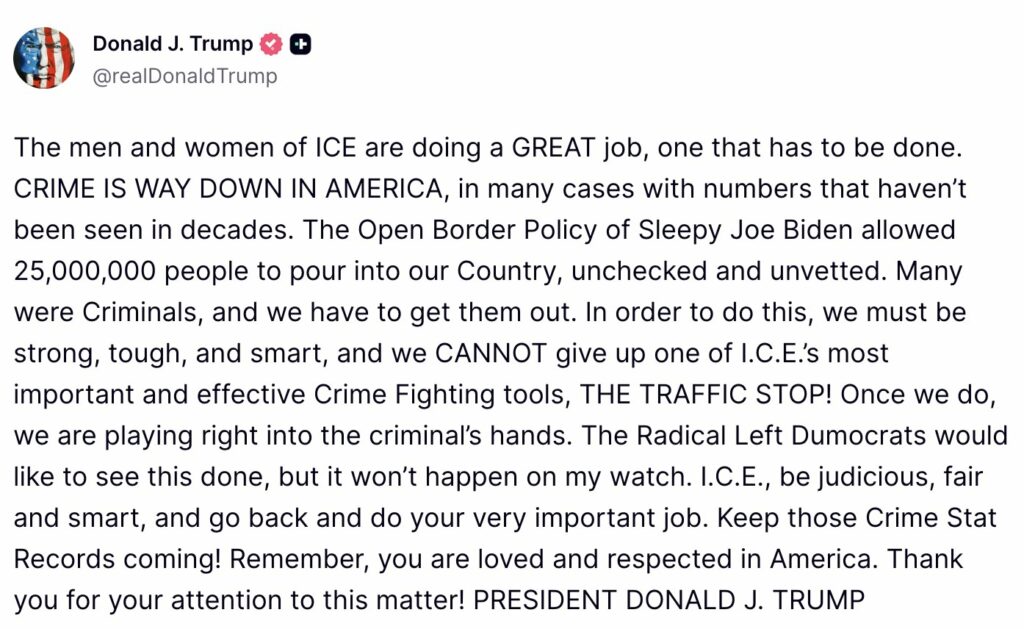 mensaje de trump en apoyo a ice