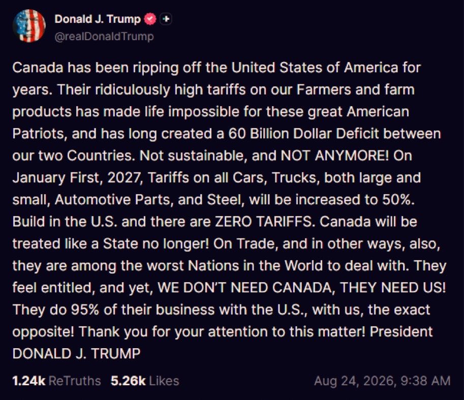 Trump impondrá aranceles del 50 % a autos y acero de Canadá en 2027