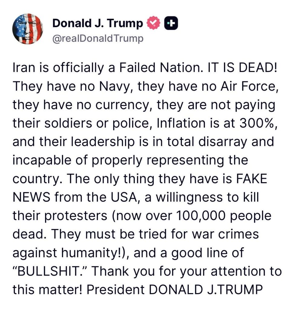 Trump promete golpear “con fuerza” a Irán y acusa a su liderazgo de estar en “caos total”