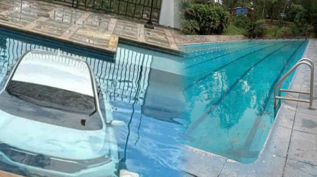 Mujer perdió el control del auto y terminó en una piscina