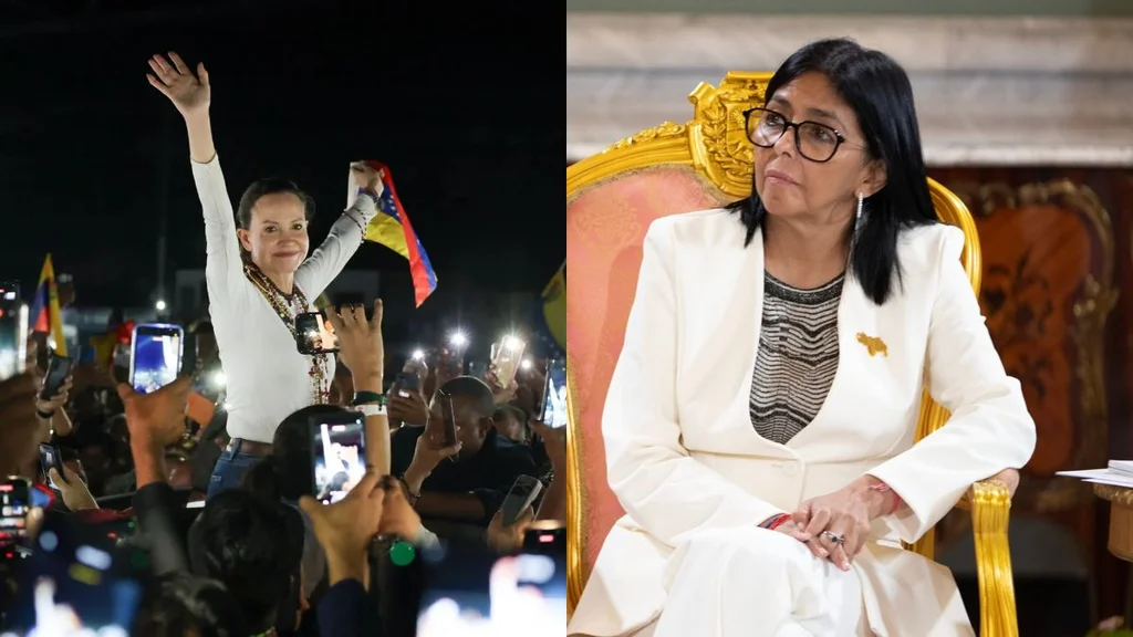 Agitada y molesta, Delcy Rodríguez califica como un "show" el regreso de María Corina